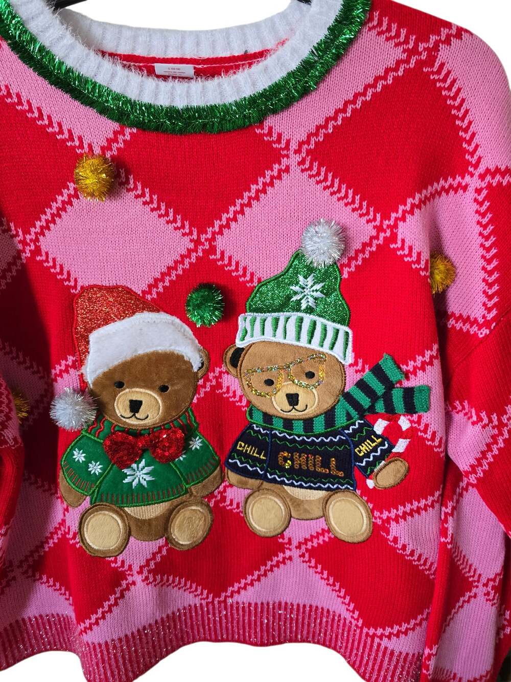 Holiday Time Ugly Christmas Sweater Size L Glitter Christmas Bears